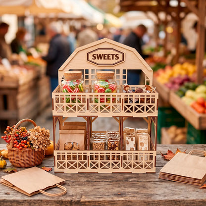 Laser cut plywood barn counter display filled with candy jars on a rustic market table with craft bags