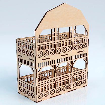 Empty laser cut plywood barn shelf, back perspective view showing a two tier wooden display unit with carved railings