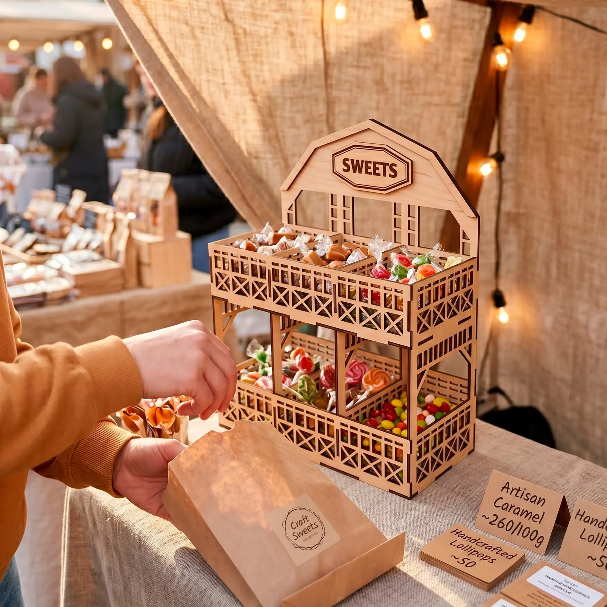 Laser cut plywood candy stand at a market stall with warm lights, seller hands and a craft bag packed with sweets