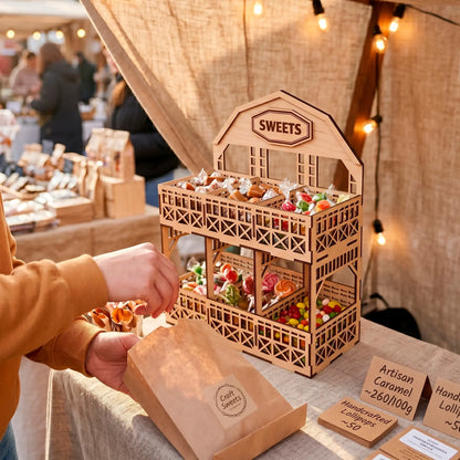 Laser cut plywood candy stand at a market stall with warm lights, seller hands and a craft bag packed with sweets