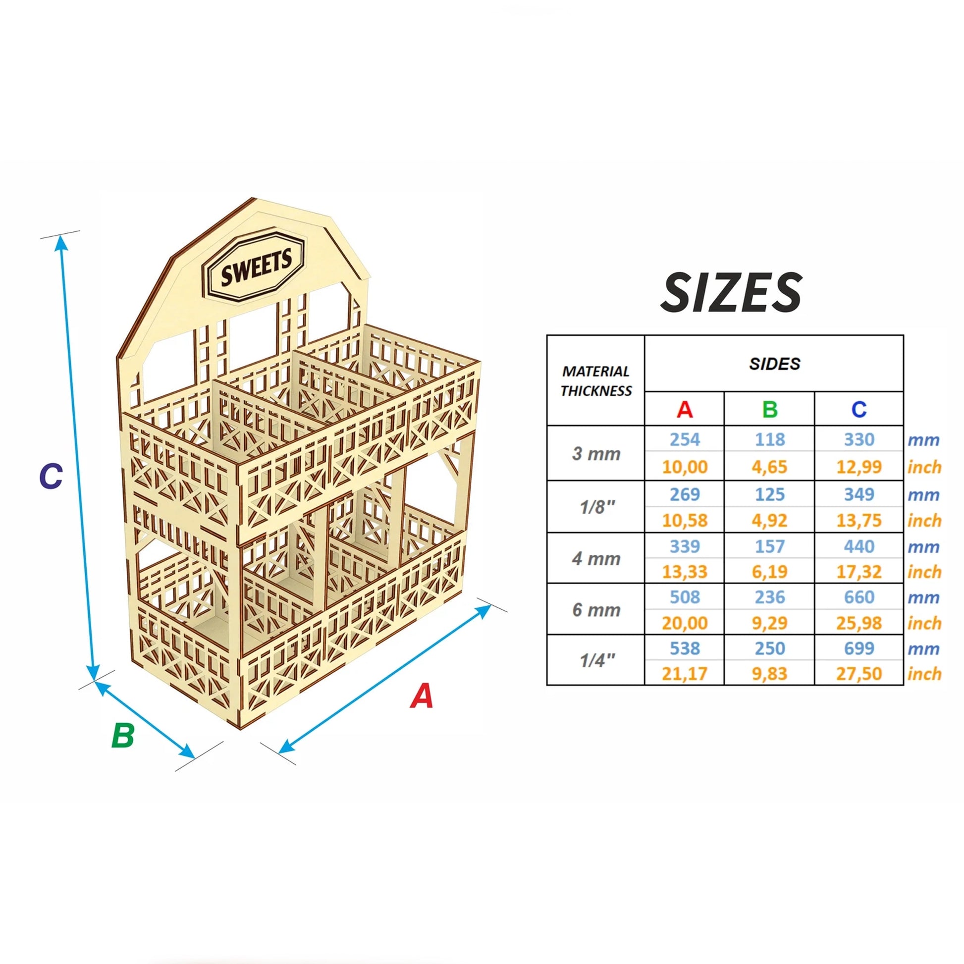 Laser cut plywood tier stand size chart showing height, width and depth dimensions table for different thicknesses