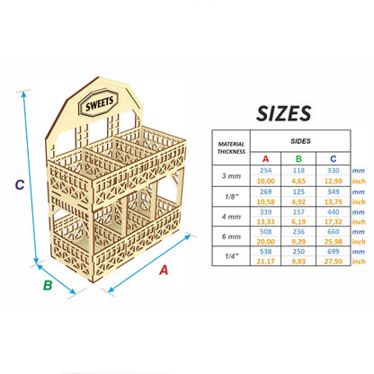 Laser cut plywood tier stand size chart showing height, width and depth dimensions table for different thicknesses
