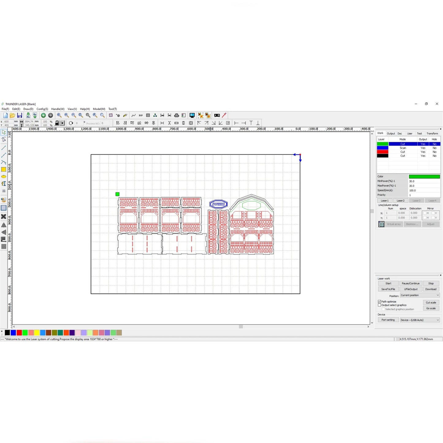 Laser cut plywood barn shelf blueprint layout inside laser control software grid window with red cutting lines