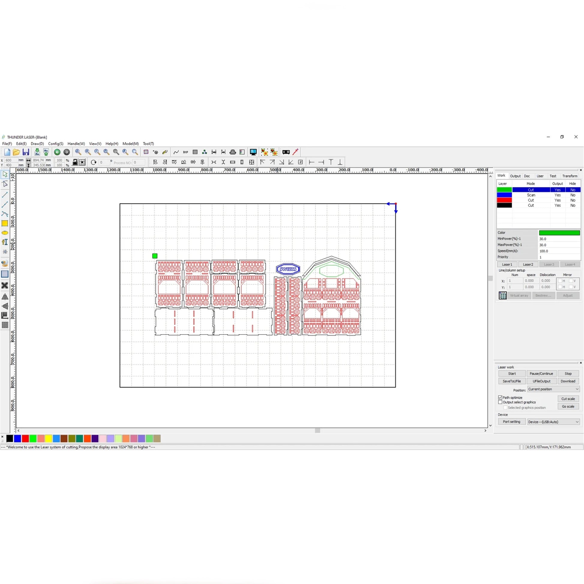 Laser cut plywood barn shelf blueprint layout inside laser control software grid window with red cutting lines