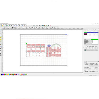 Laser cut plywood barn shelf blueprint layout inside laser control software grid window with red cutting lines
