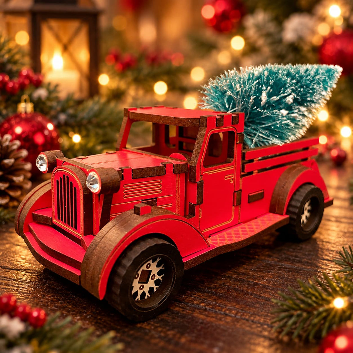 A laser cut red wooden toy truck with brown wheels and a small blue-green Christmas tree in its bed, photographed on a wooden surface with warm holiday lights and pine branches in the background.