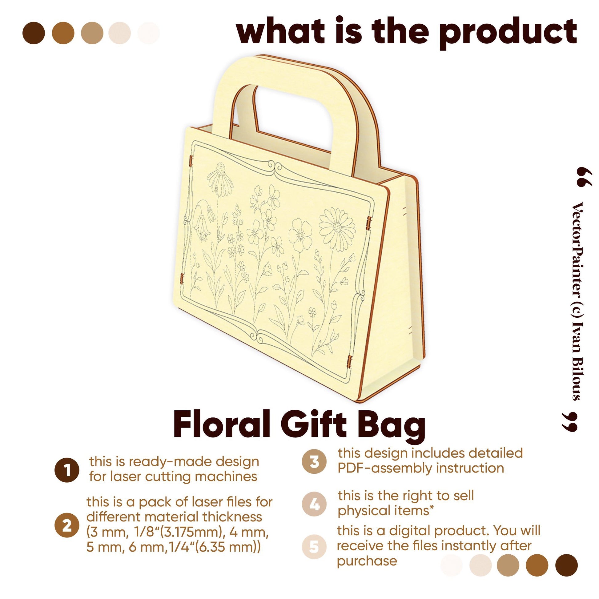 Digital design of a Floral Gift Bag for laser cut plywood. Includes multiple file versions and assembly instructions.