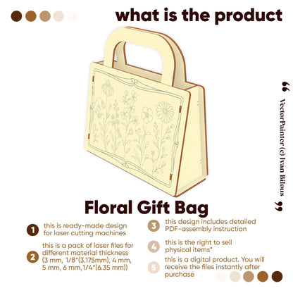 Digital design of a Floral Gift Bag for laser cut plywood. Includes multiple file versions and assembly instructions.
