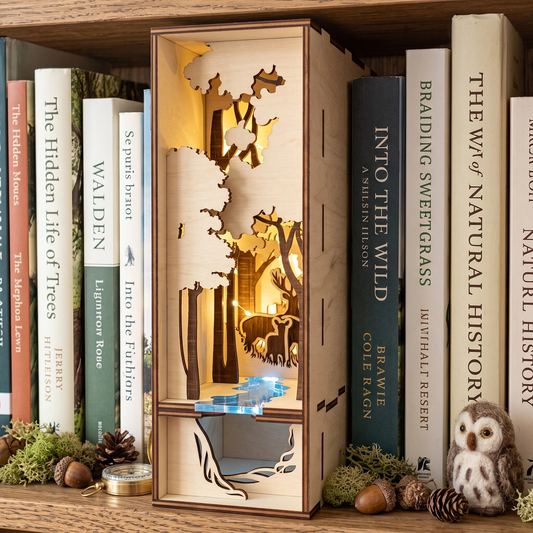Lit laser-cut birch plywood forest book nook on a shelf with nature books, moss, pinecones, and a tiny toy owl figurine