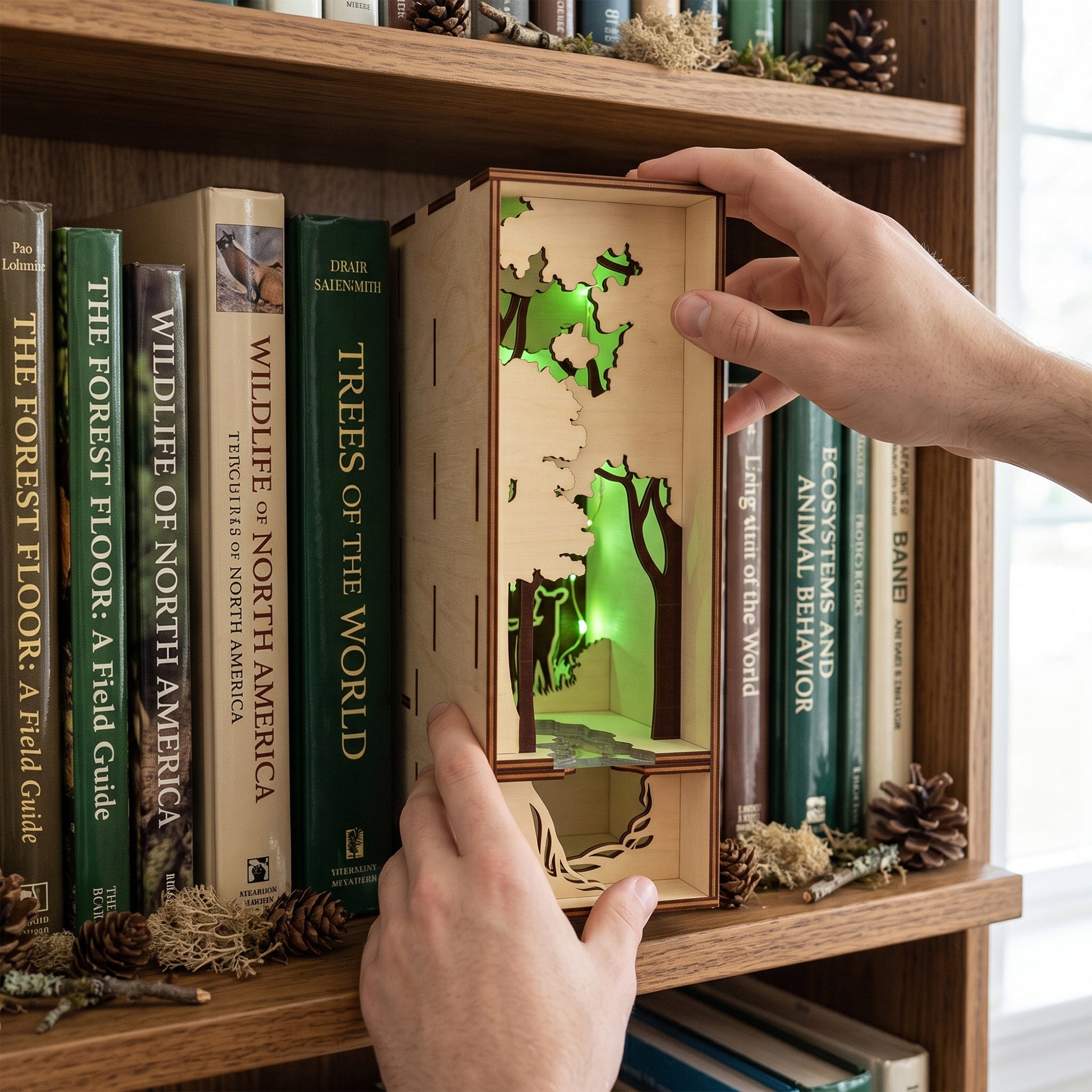 Lit laser-cut birch plywood forest book nook on a shelf between nature books, with green internal lighting and pinecones