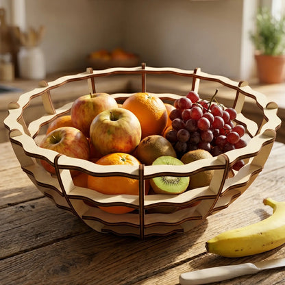 Laser cut plywood fruit bowl filled with apples, oranges and grapes on a rustic wood table in a sunlit kitchen