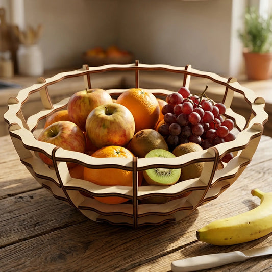 Laser cut plywood fruit bowl filled with apples, oranges and grapes on a rustic wood table in a sunlit kitchen