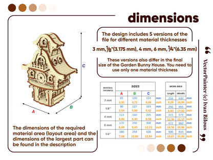 Metric dimension scale chart and material thickness options for an easter garden laser cut plywood bunny house puzzle kit.