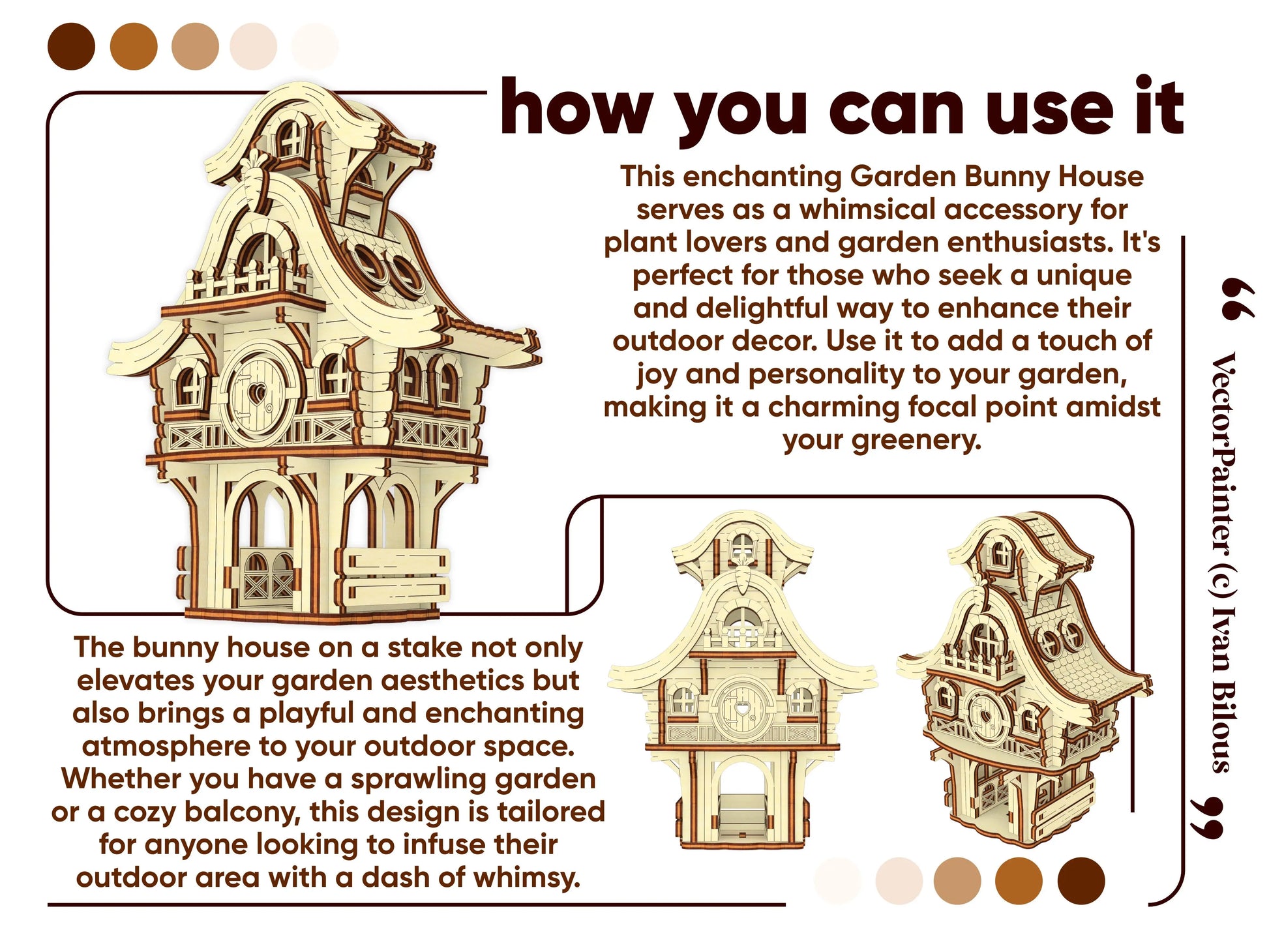 Commercial banner displaying various decorative staging options for a miniature laser cut plywood easter bunny garden house.