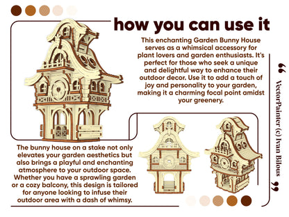 Commercial banner displaying various decorative staging options for a miniature laser cut plywood easter bunny garden house.