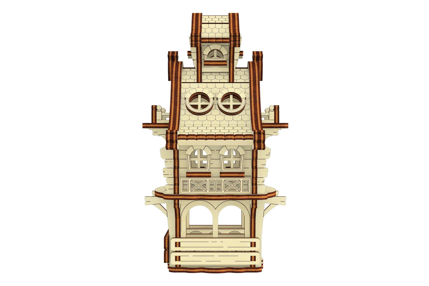 Front-left isometric view of a laser cut plywood easter bunny home model with an integrated ground stake for outdoor use.