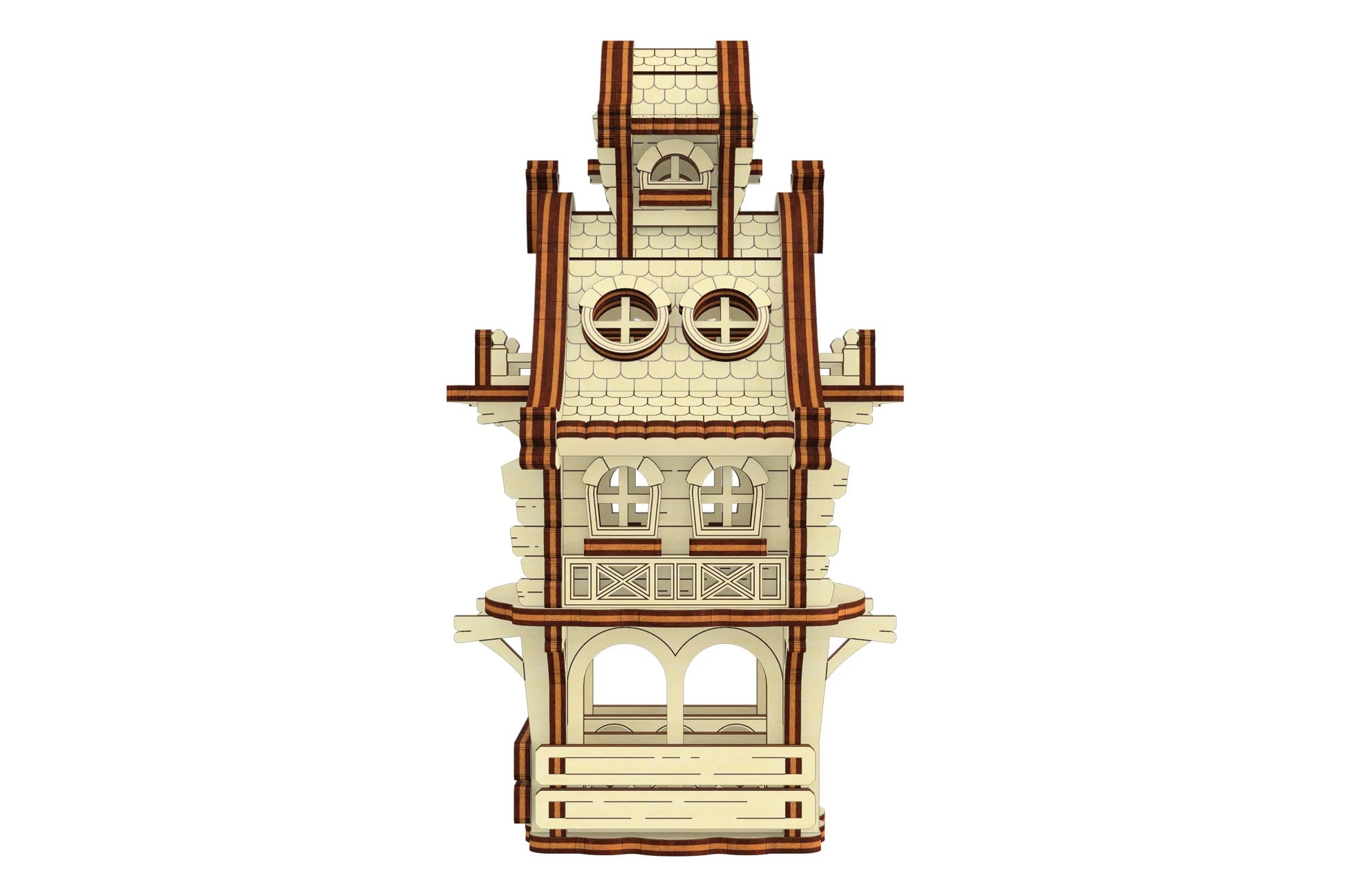 Front-left isometric view of a laser cut plywood easter bunny home model with an integrated ground stake for outdoor use.