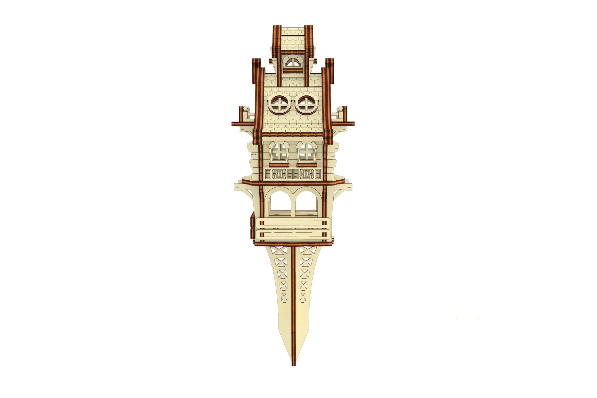 Straight front view of a tabletop laser cut plywood easter bunny house puzzle highlighting lovely carrot door engravings.