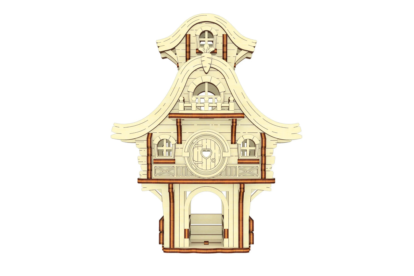 Rear-right angle of a miniature laser cut plywood bunny garden structure featuring geometric roof lines and a tall stake.