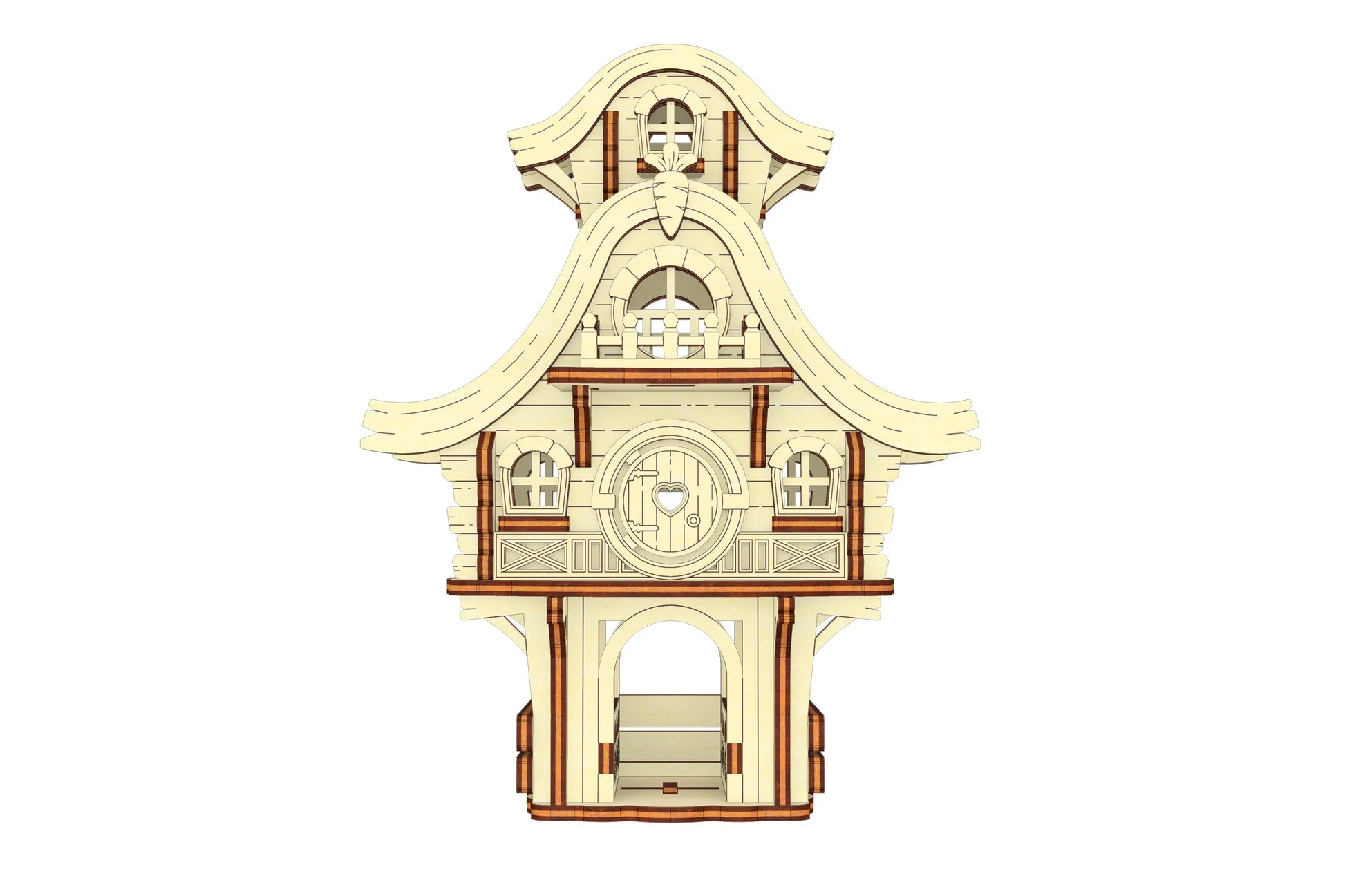 Rear-right angle of a miniature laser cut plywood bunny garden structure featuring geometric roof lines and a tall stake.