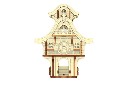 Rear-right angle of a miniature laser cut plywood bunny garden structure featuring geometric roof lines and a tall stake.