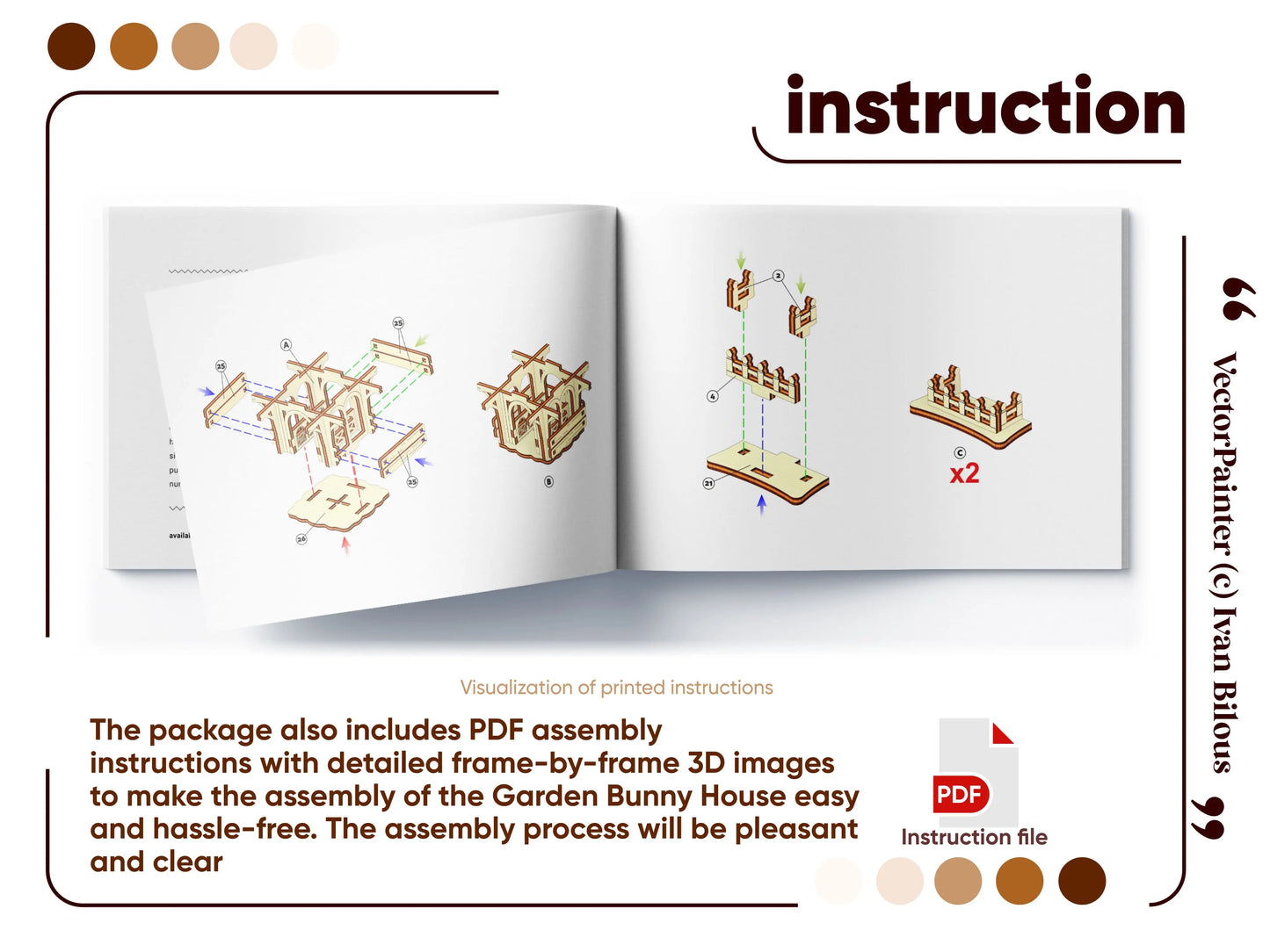 Open digital brochure showing 3D step-by-step assembly manual steps for an easter laser cut plywood bunny house project.