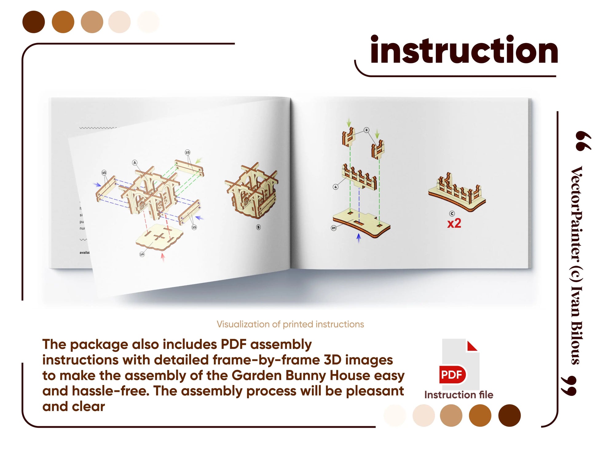 Open digital brochure showing 3D step-by-step assembly manual steps for an easter laser cut plywood bunny house project.