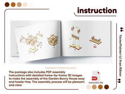 Open digital brochure showing 3D step-by-step assembly manual steps for an easter laser cut plywood bunny house project.