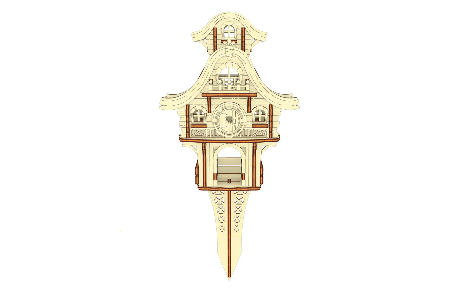 Symmetrical front view of a laser cut plywood easter bunny garden cottage equipped with a long spike for ground placement.