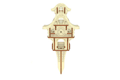 Symmetrical front view of a laser cut plywood easter bunny garden cottage equipped with a long spike for ground placement.