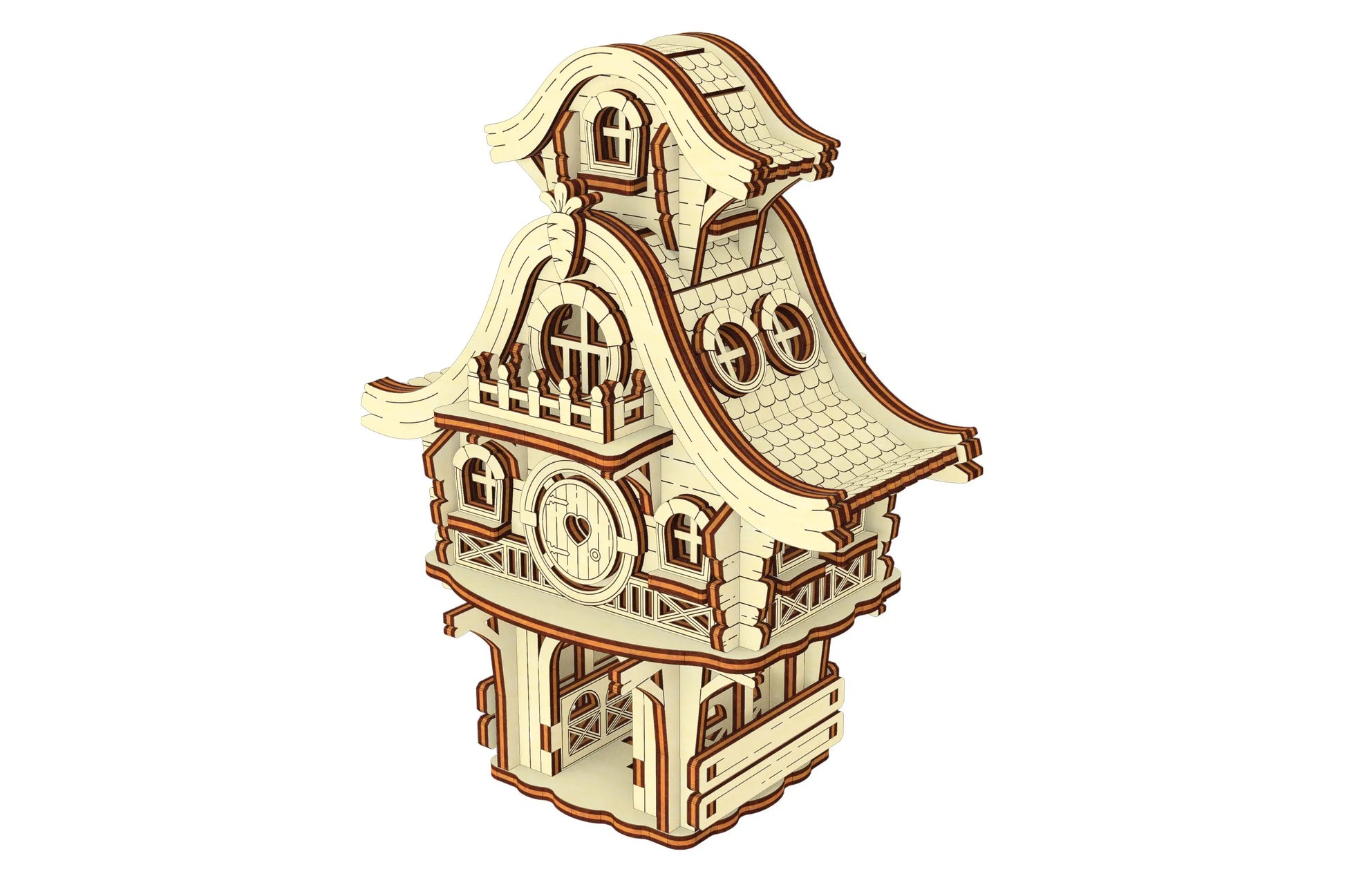 Rear-right perspective of a tabletop laser cut plywood easter bunny cabin model showcasing intricate back window details.