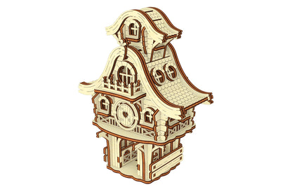 Rear-right perspective of a tabletop laser cut plywood easter bunny cabin model showcasing intricate back window details.