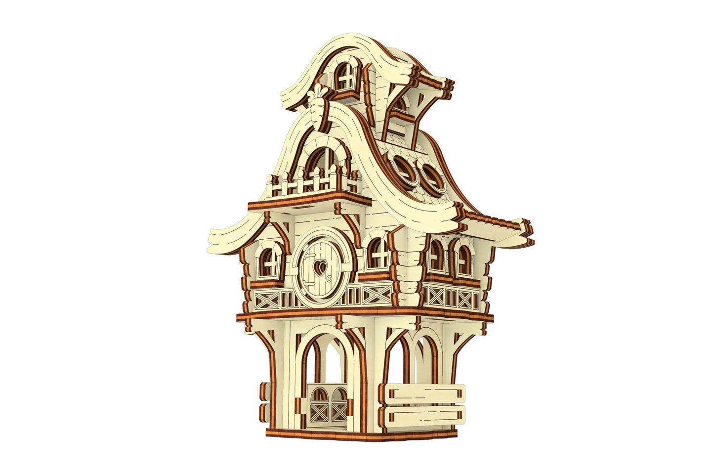 Front-right view of a 3D miniature laser cut plywood easter bunny house puzzle equipped with an integrated ground stake.