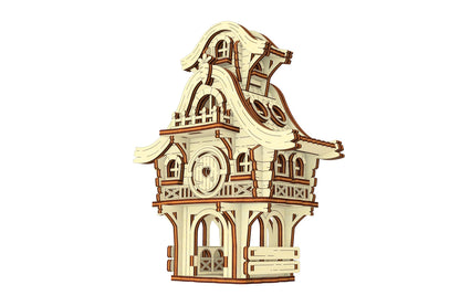 Front-right view of a 3D miniature laser cut plywood easter bunny house puzzle equipped with an integrated ground stake.