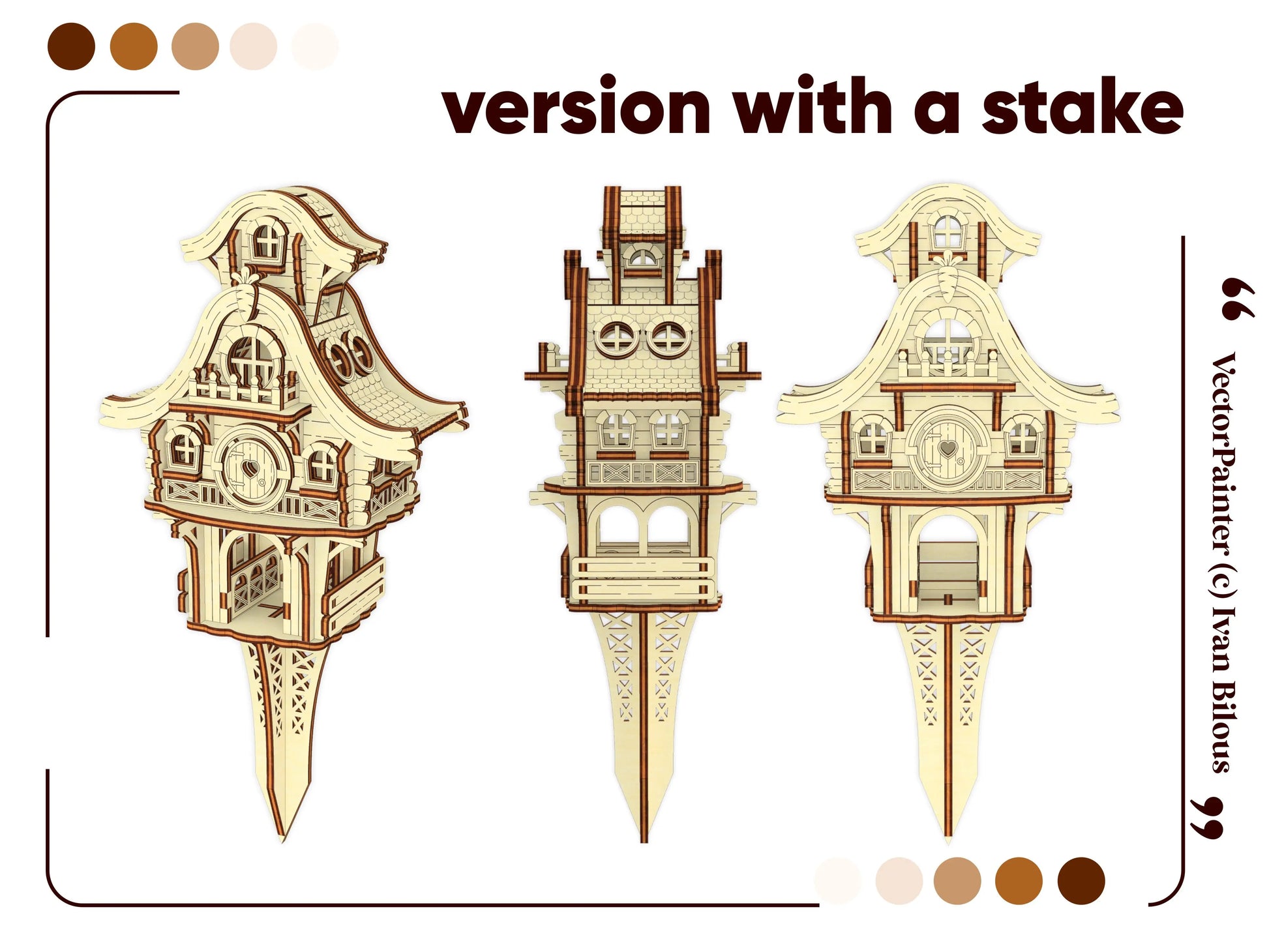 Multiple view layouts of an adorable laser cut plywood easter bunny cottage model featuring an elongated sharp ground stake.