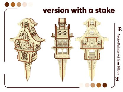 Multiple view layouts of an adorable laser cut plywood easter bunny cottage model featuring an elongated sharp ground stake.