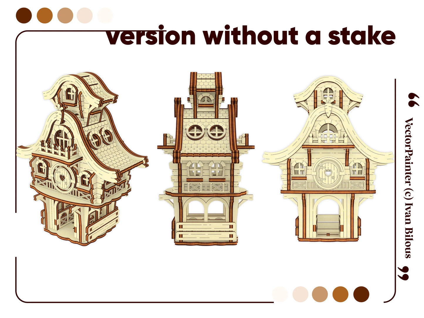 Three distinct viewing angles of a flat base decorative miniature laser cut plywood easter bunny house for indoor display.