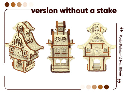 Three distinct viewing angles of a flat base decorative miniature laser cut plywood easter bunny house for indoor display.