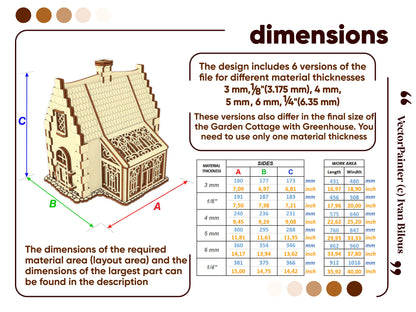 Dimension chart infographic featuring a size table for six different material thicknesses of a laser cut plywood cottage.