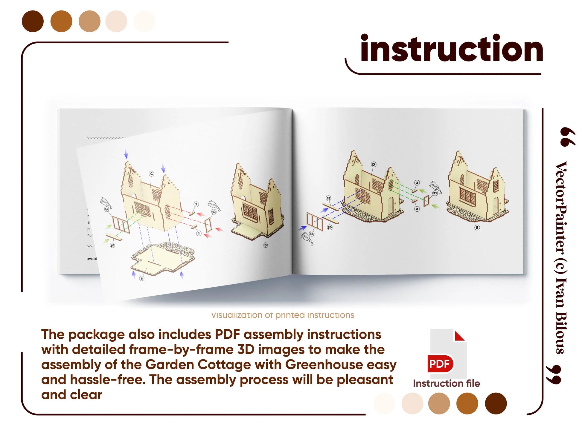 A graphic layout of an open PDF manual showing 3D step-by-step assembly diagrams for a laser cut plywood garden cottage.