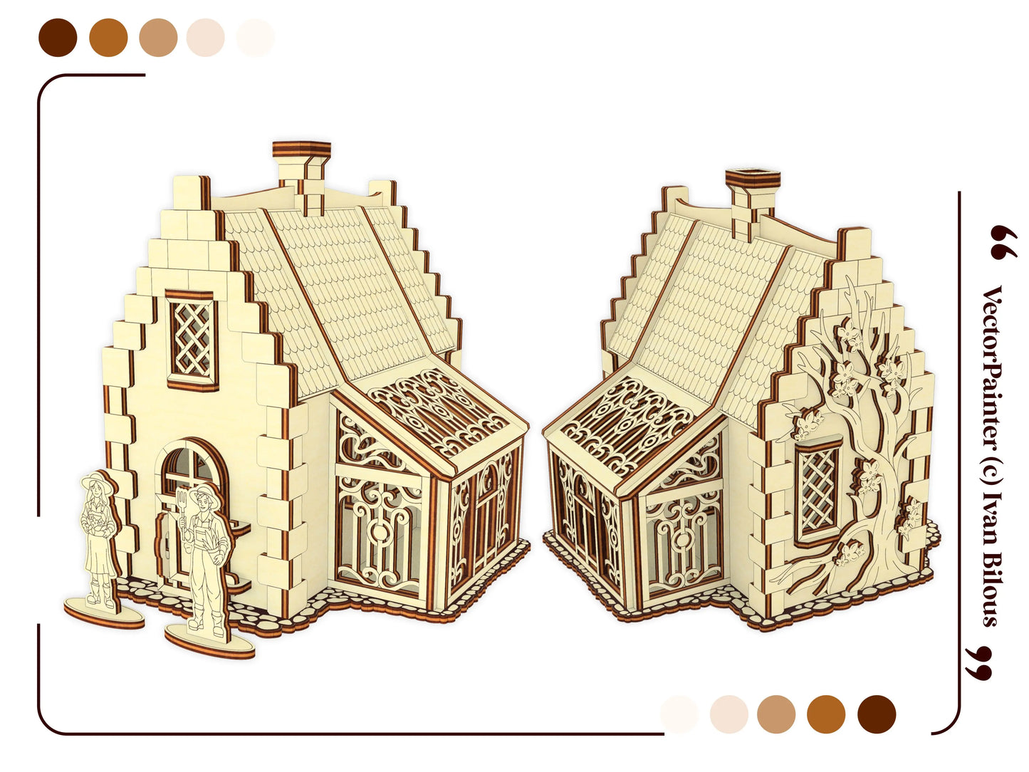 Two detailed 3D graphic render views showing the front entrances and engraved tree sides of a laser cut plywood cottage.