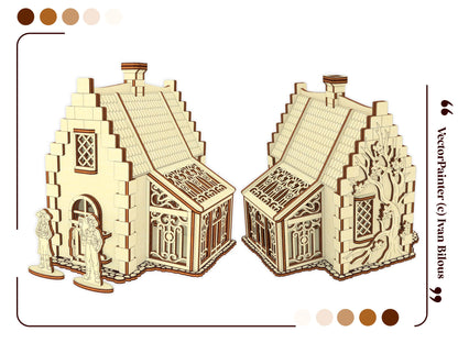 Two detailed 3D graphic render views showing the front entrances and engraved tree sides of a laser cut plywood cottage.