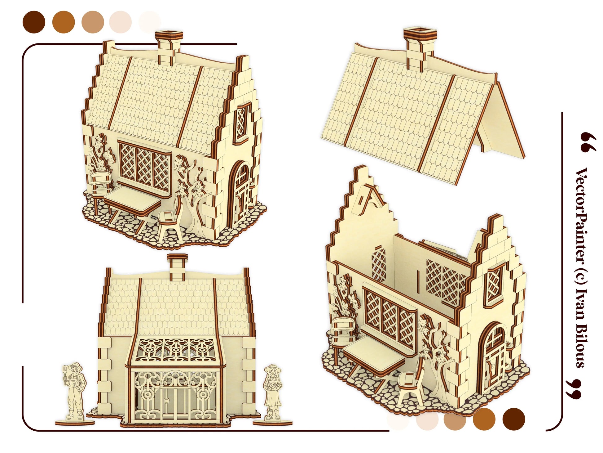 Exploded 3D graphic view showing a detachable roof panel and internal room layouts of a laser cut plywood garden cottage.