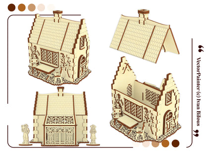 Exploded 3D graphic view showing a detachable roof panel and internal room layouts of a laser cut plywood garden cottage.