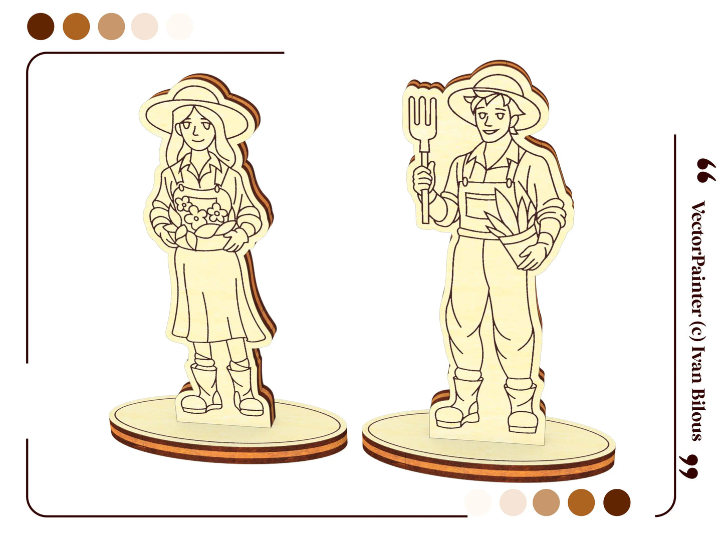 Two miniature wooden gardener character standees on oval bases, designed as part of a laser cut plywood cottage project.