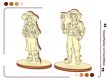 Two miniature wooden gardener character standees on oval bases, designed as part of a laser cut plywood cottage project.