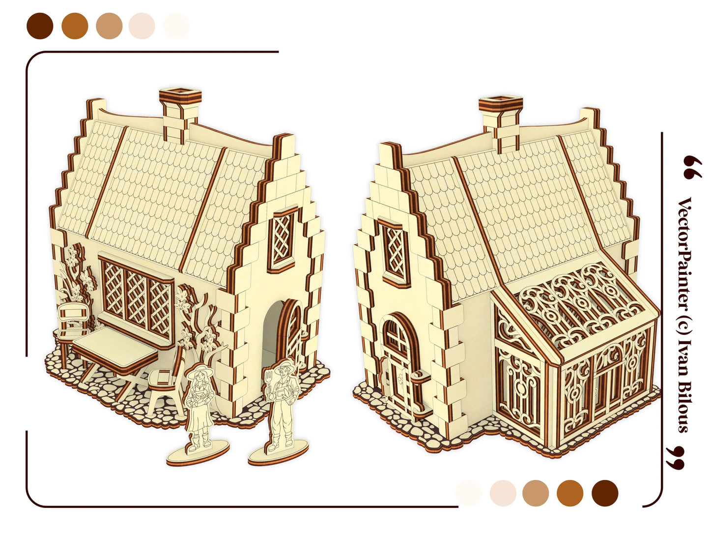 Two multi-angle 3D graphic render views showcasing the detailed patio and open porch sides of a laser cut plywood cottage.