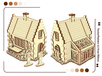 Two multi-angle 3D graphic render views showcasing the detailed patio and open porch sides of a laser cut plywood cottage.