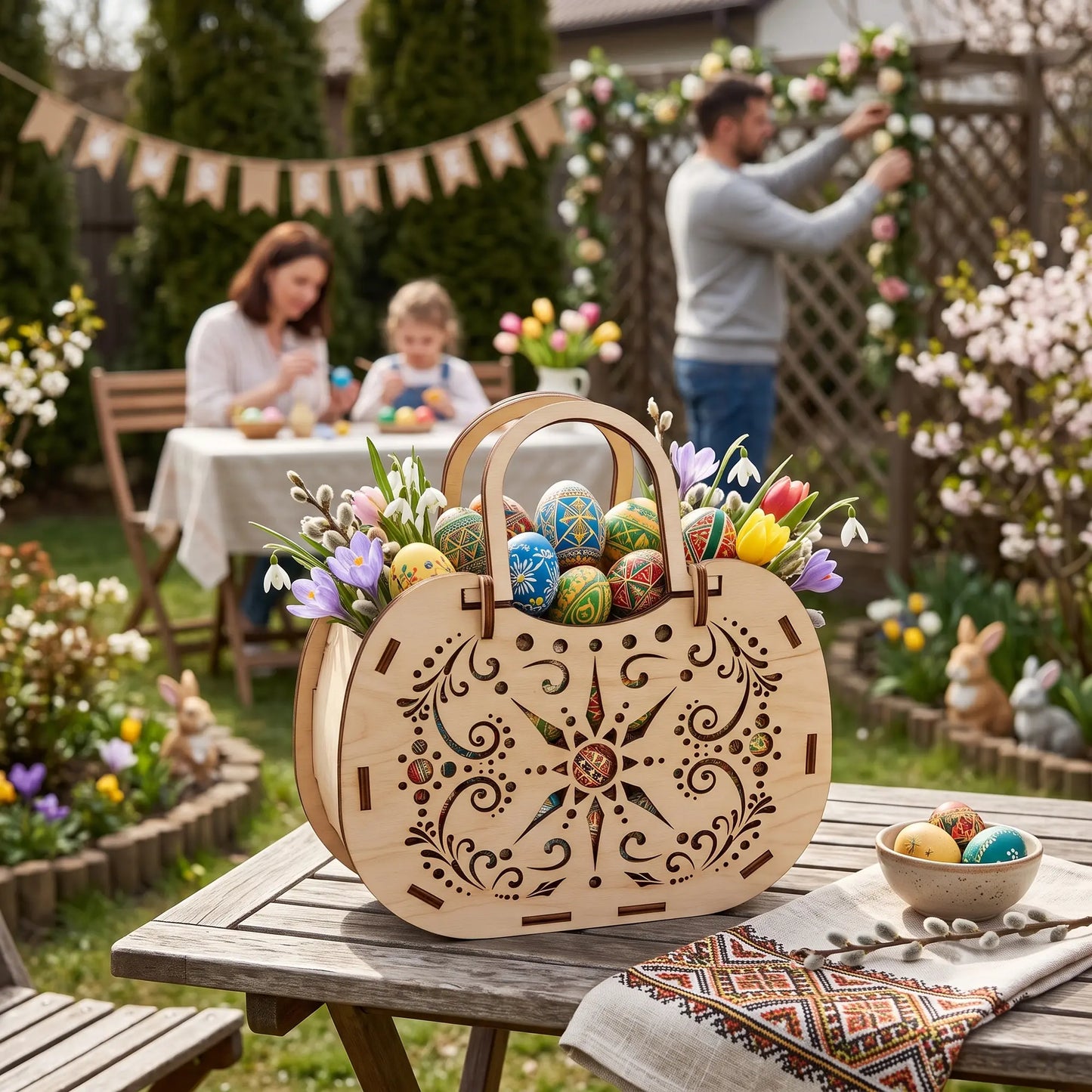 Laser cut plywood Easter basket filled with colorful decorated eggs and flowers on a table, with a family in the background.