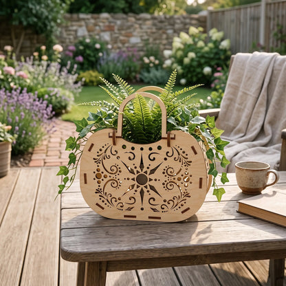 Detailed laser cut plywood flower basket planter filled with green fern and ivy leaves, sitting on a wooden patio table.